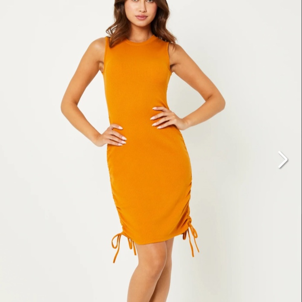 Ribbed Bodycon Dress Side Ruched Caramel